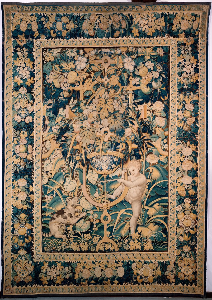 Tapisserie. Enghien. Garçon face à un animal sauvage (Bambin taquinant un jeune fauve, De knaap met het jonge wilde dier). 363 cm x 259 cm. Un garçon ou putto taquinant un animal sauvage, peut-être un léopard, avec une poire fixée sur un bâton. - Alec Hunter