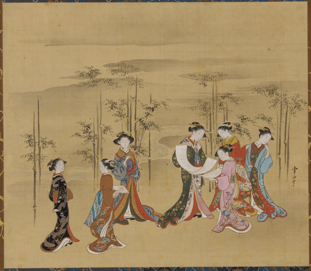 Sept jeunes femmes dans une forêt de bambous, 18ème siècle - Kawamata Tsunemasa