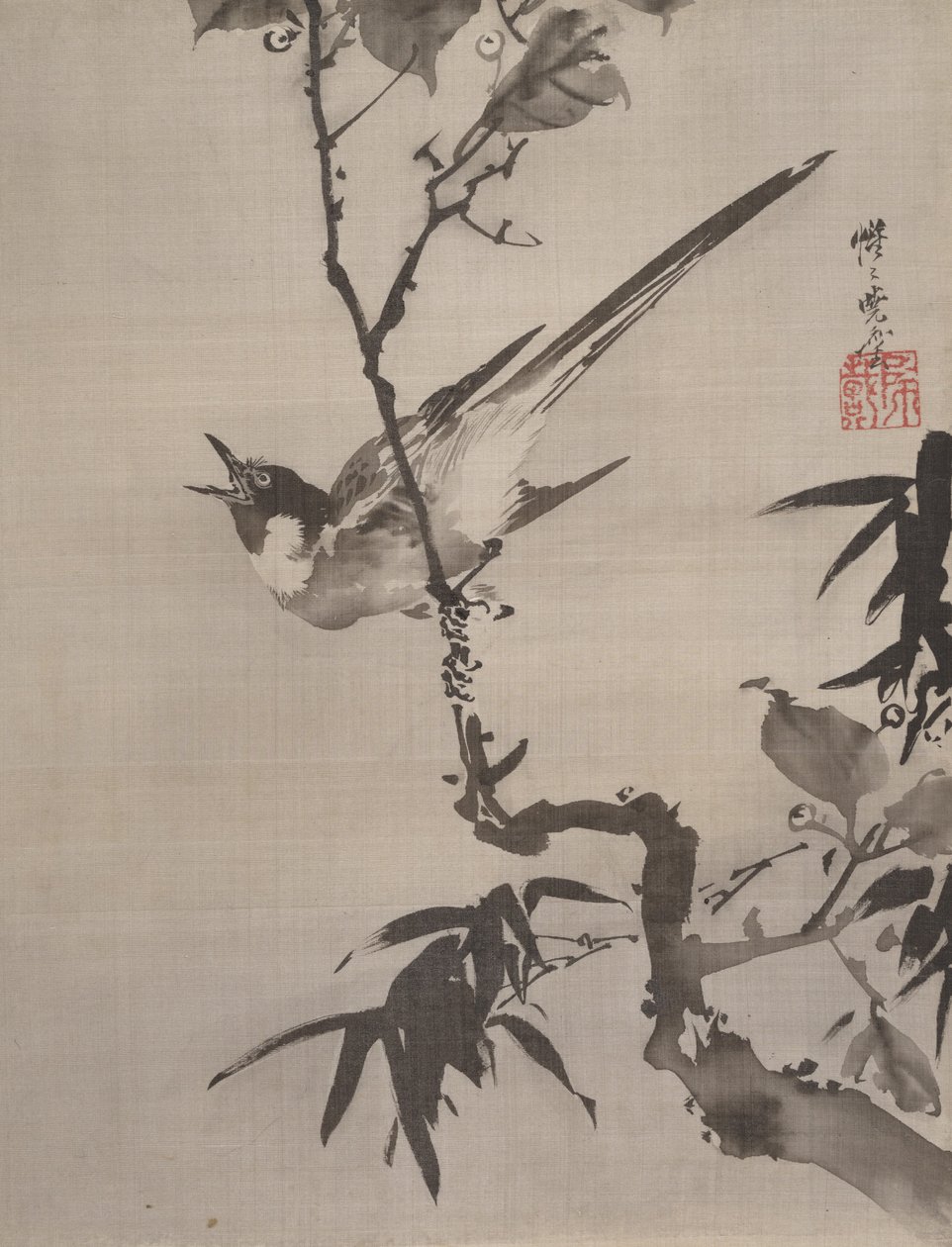 Oiseau chantant sur une branche, vers 1887 - Kawanabe Kyosai