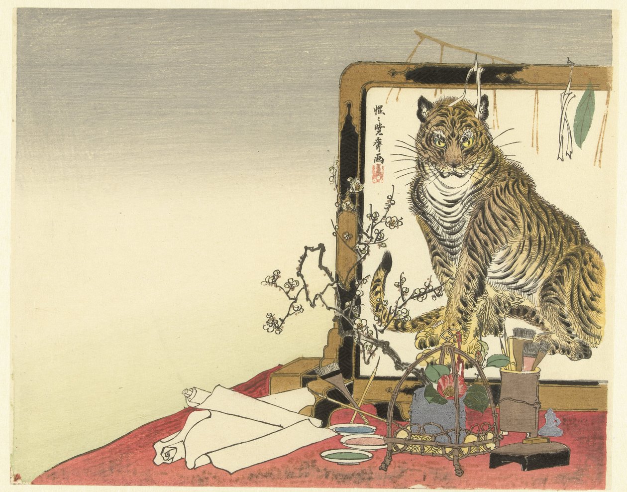 Nature morte avec matériel de peinture et paravent - Kawanabe Kyosai