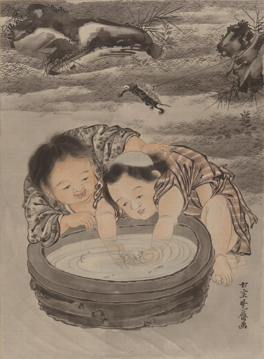 Deux enfants jouant avec des poissons rouges, vers 1887 - Kawanabe Kyosai