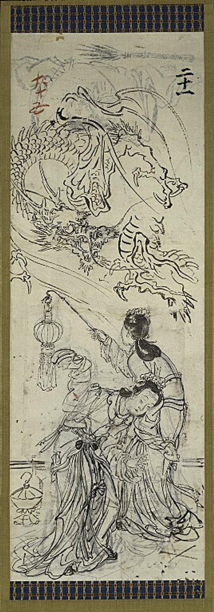Deux femmes chinoises avec un dragon, une des six esquisses - Kawanabe Kyosai