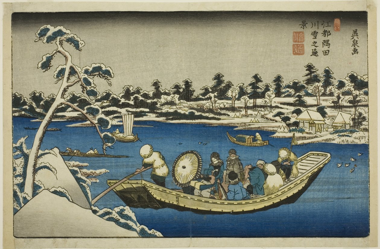 Vue lointaine de la neige sur la rivière Sumida à Edo - Keisai Eisen