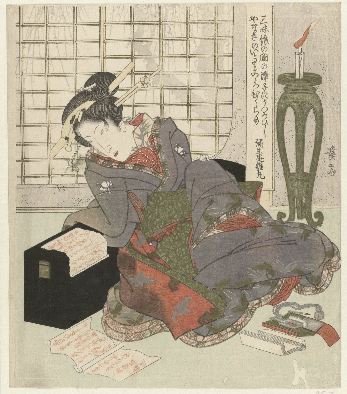Une geisha appuyée sur la boîte de son shamisen - Keisai Eisen