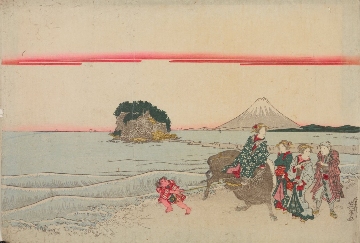 Femme sur un buffle, enfant et trois passants au bord de la mer, avec l