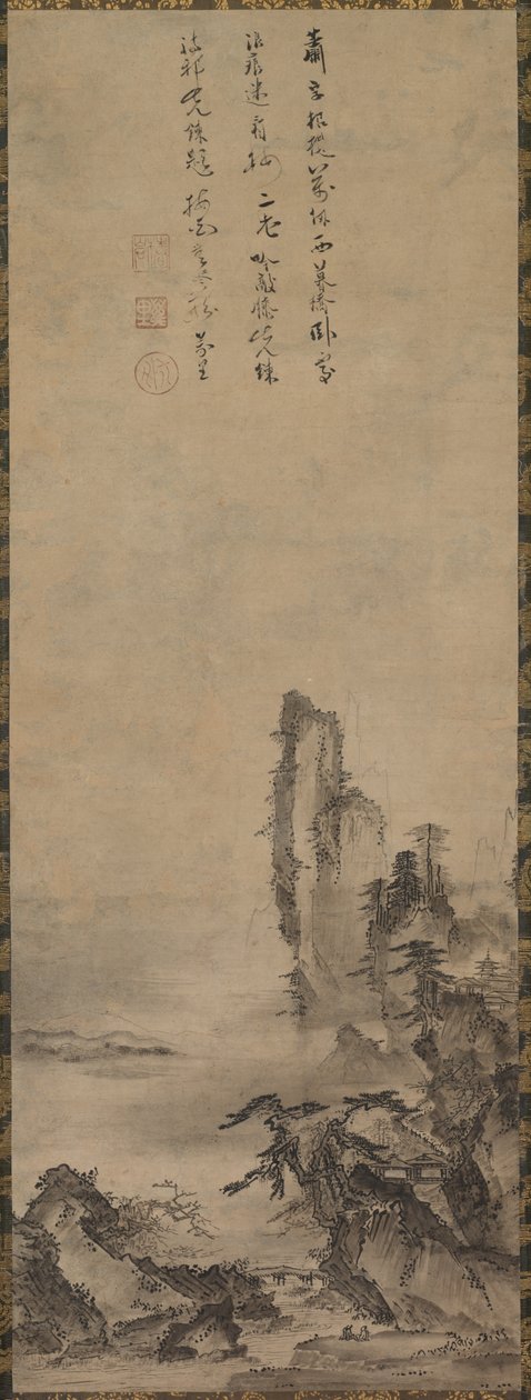 Temple solitaire et falaise imposante, vers 1480 - Kenkō Shōkei