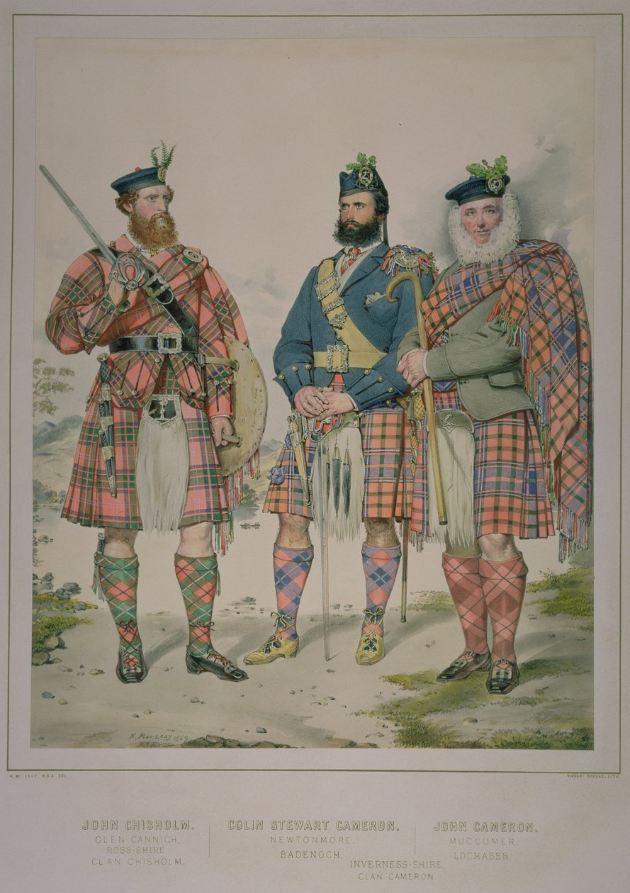 Triple portrait de John Chisholm, Colin Stewart Cameron et John Cameron, hommes du Clan Chisholm et du Clan Cameron, publié dans The Highlander of Scotland de 1870, 1869 - Kenneth Macleay