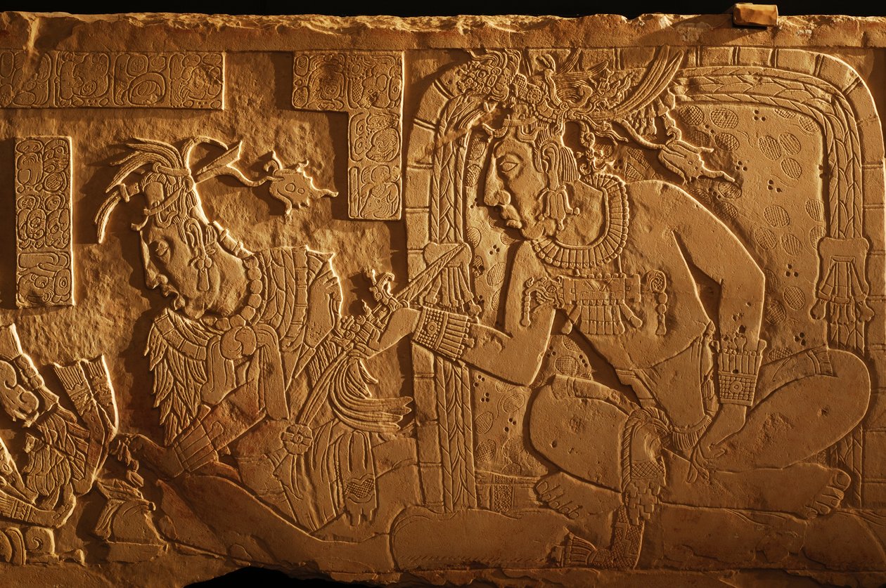 Banc du trône du Temple 21, sculpture du roi Akhal Mo Nab, Palenque, Mexique, 2005 (photo) - Kenneth Garrett