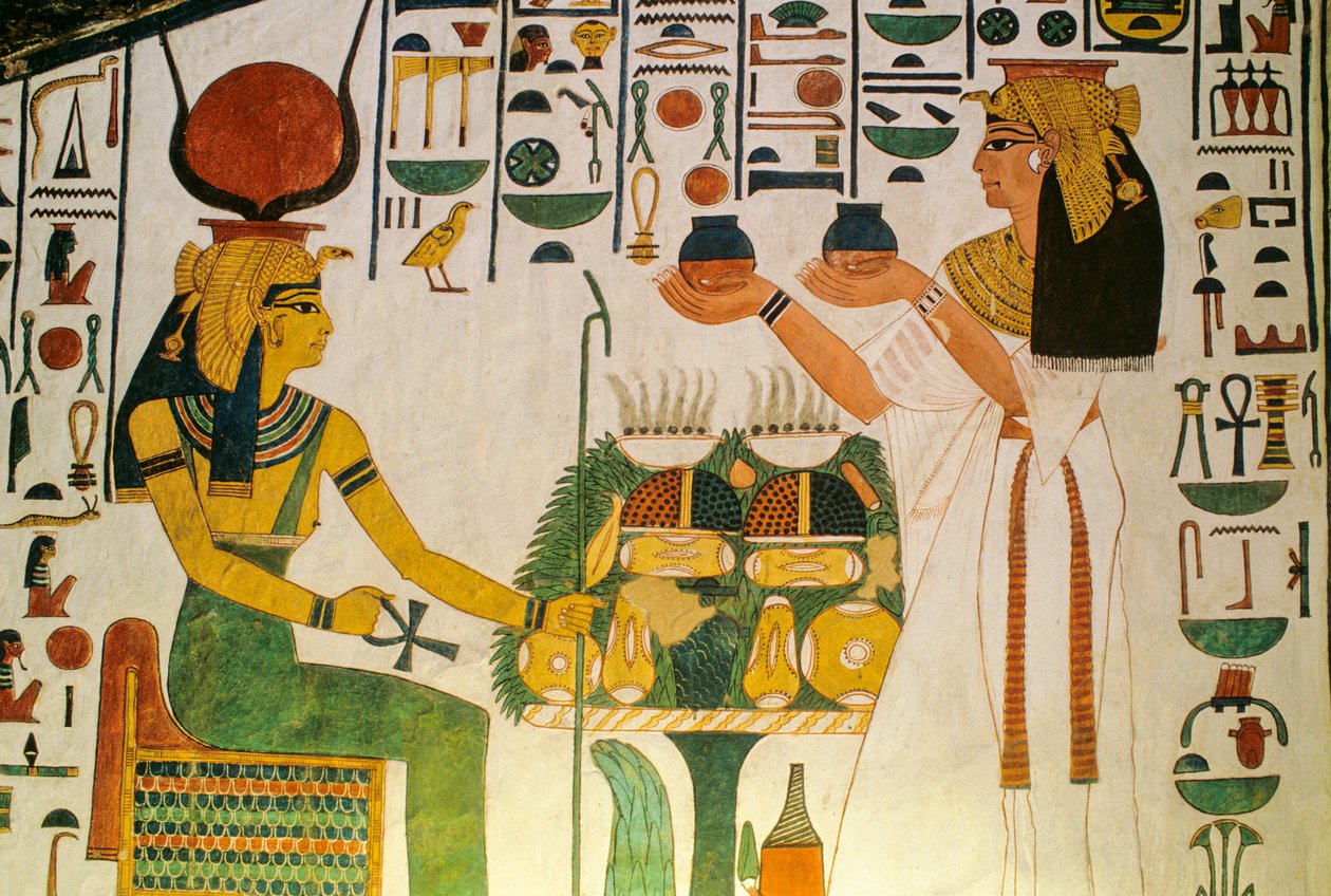 Tombe de Néfertari; Néfertari offre du vin à un groupe de divinités; Égypte, Vallée des... - Kenneth Garrett