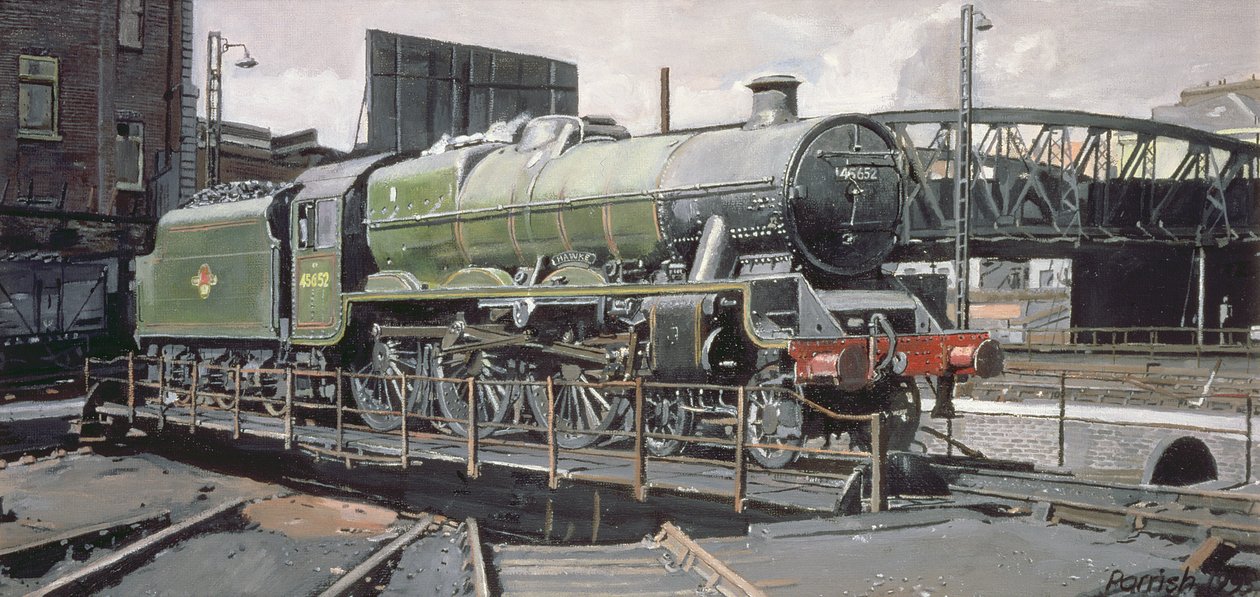 Jubilee Turnaround, locomotive Hawke 45652 Jubilee Class sur le plateau tournant de Camden, Londres - Kevin Guild of Railway Artist Parrish