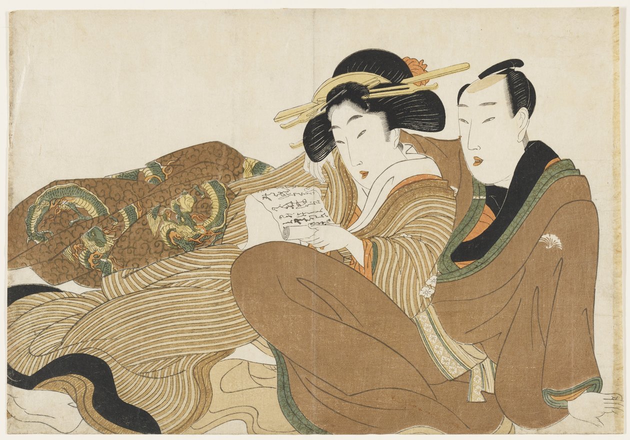 (Couple allongé lisant une lettre d