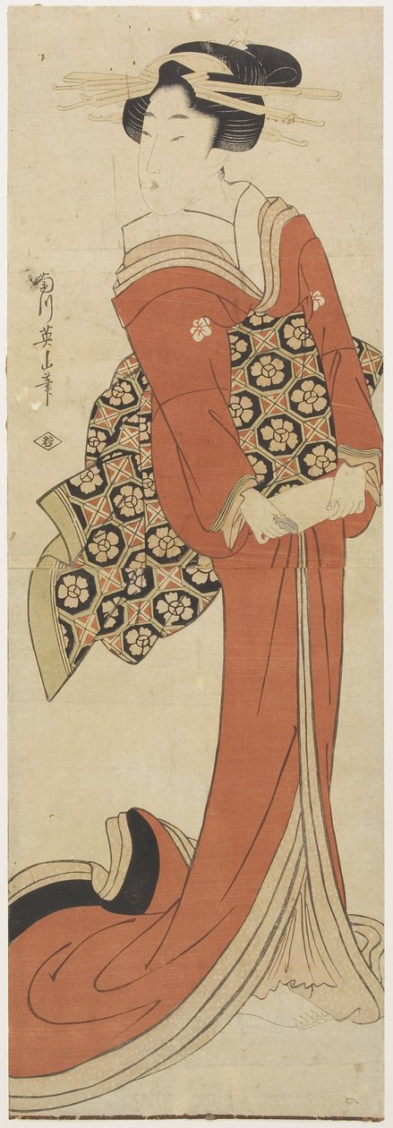 (Femme tenant un rouleau de papier) - Kikukawa Eizan