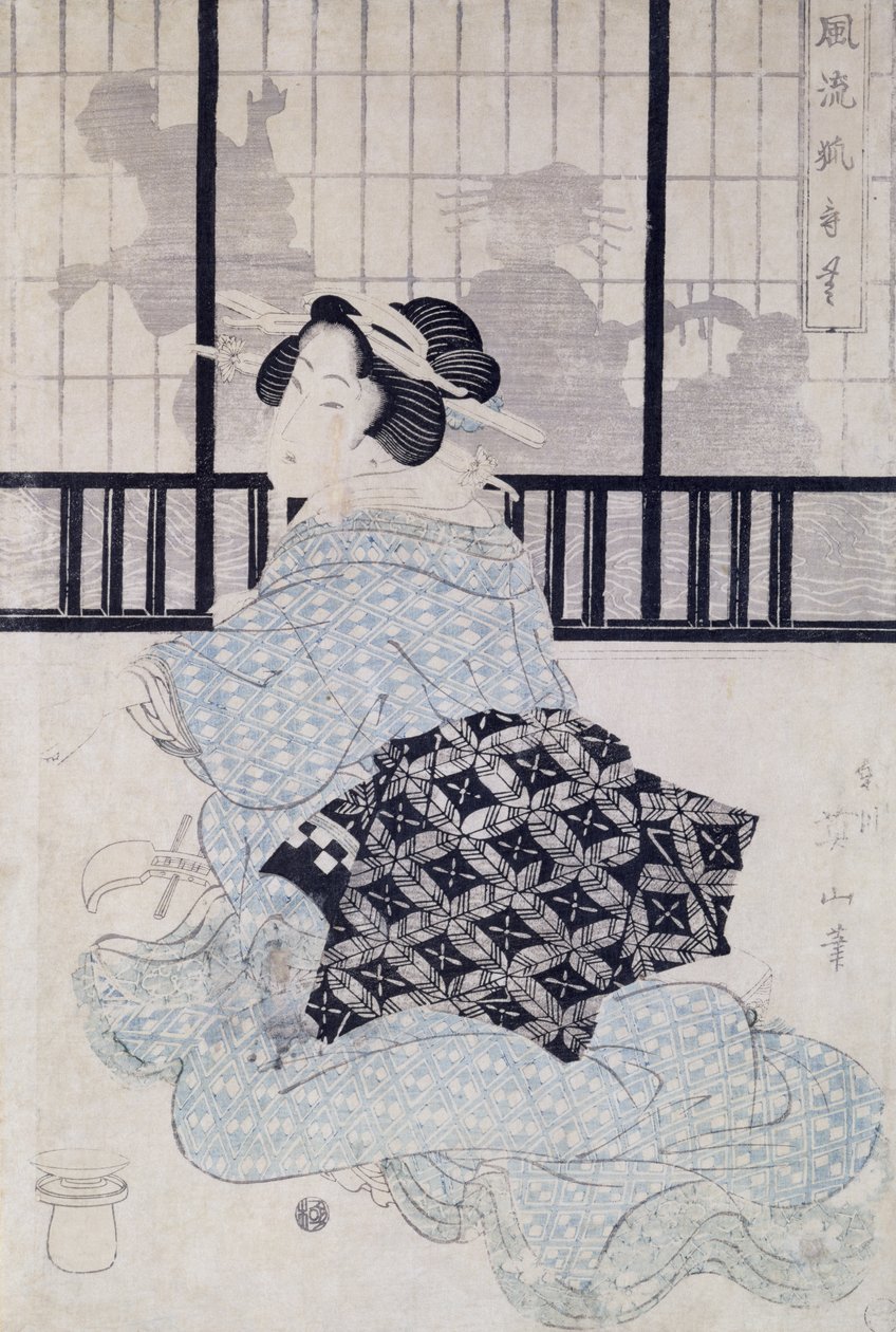Une courtisane avec un shamisen (impression sur bois en couleur) - Kikukawa Eizan