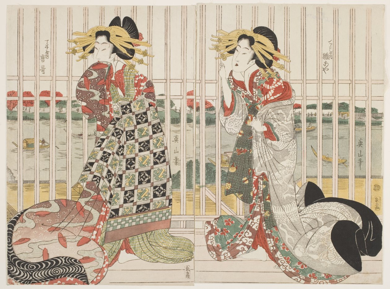 Les courtisanes Hinaya et Karauta derrière la fenêtre grillagée de la maison Chojiya près de la rivière Sumida pendant la saison des cerisiers en fleurs - Kikukawa Eizan