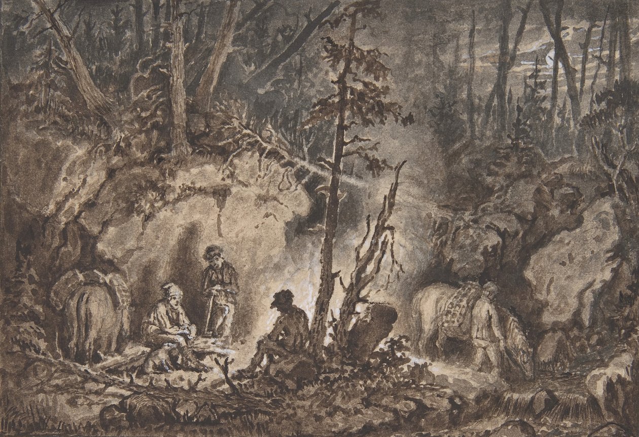 Chasseurs se reposant dans une forêt la nuit, 1830-60 - Kilian Christoffer Zoll