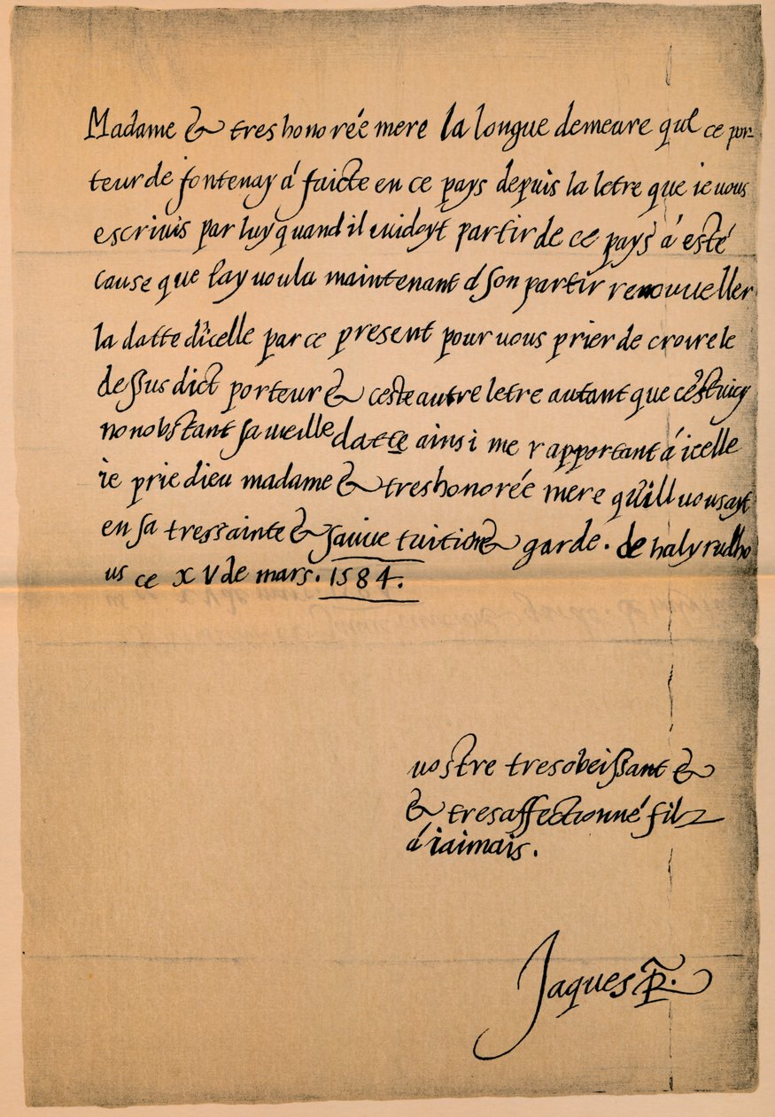 Lettre du roi Jacques VI 1566-1625 à sa mère, la reine Marie 1542-1587, 1584-5 - King James I