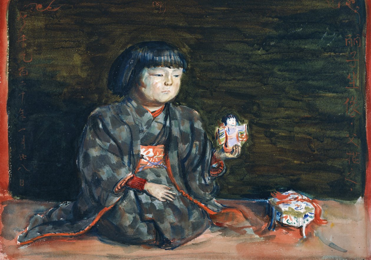 Portrait assis de Reiko avec une poupée - Kishida Ryusei