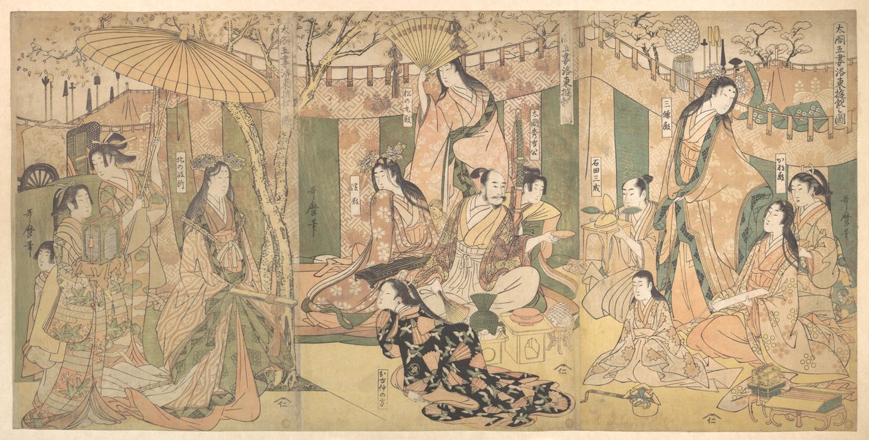 Vue des plaisirs du Taiko et de ses cinq épouses à Rakutō - Kitagawa Utamaro