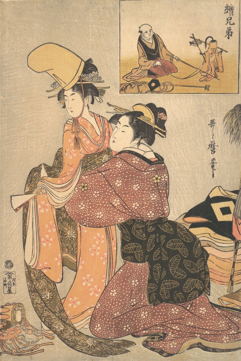 Une femme habillant une fille pour la danse Kabuki « Musume Dojoji », vers 1795-96 - Kitagawa Utamaro