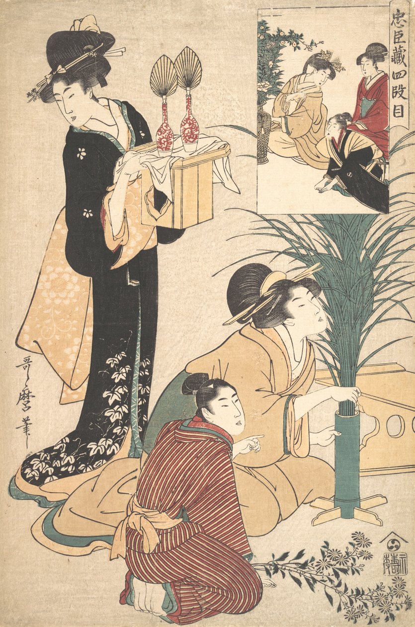 Une femme et un homme arrangeant des fleurs pour le festival de la lune Tsukimi - Kitagawa Utamaro
