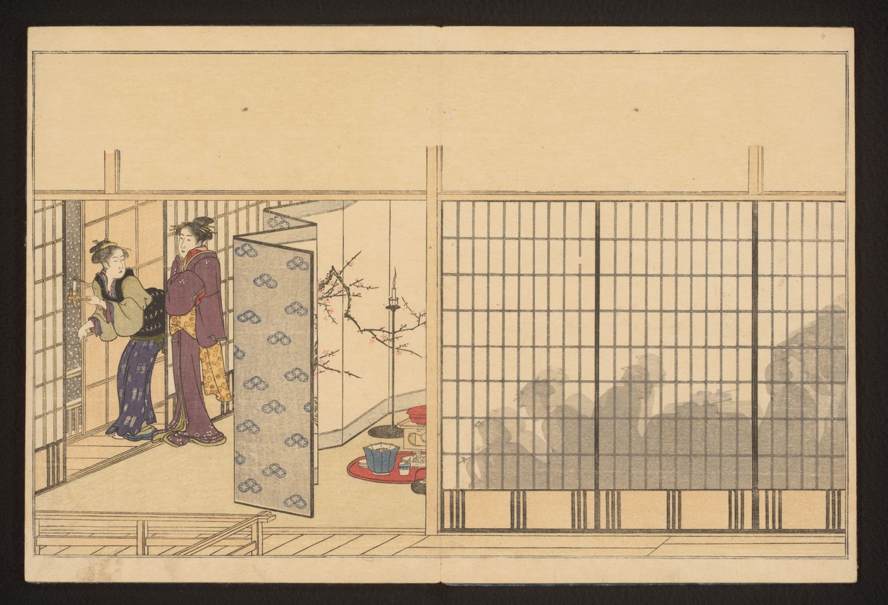 Fête dans une maison avec deux femmes à gauche - Kitagawa Utamaro