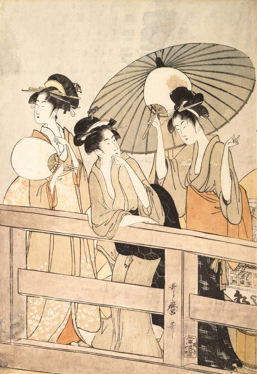 Profiter de la brise fraîche du soir sur et sous le pont, vers 1800 - Kitagawa Utamaro