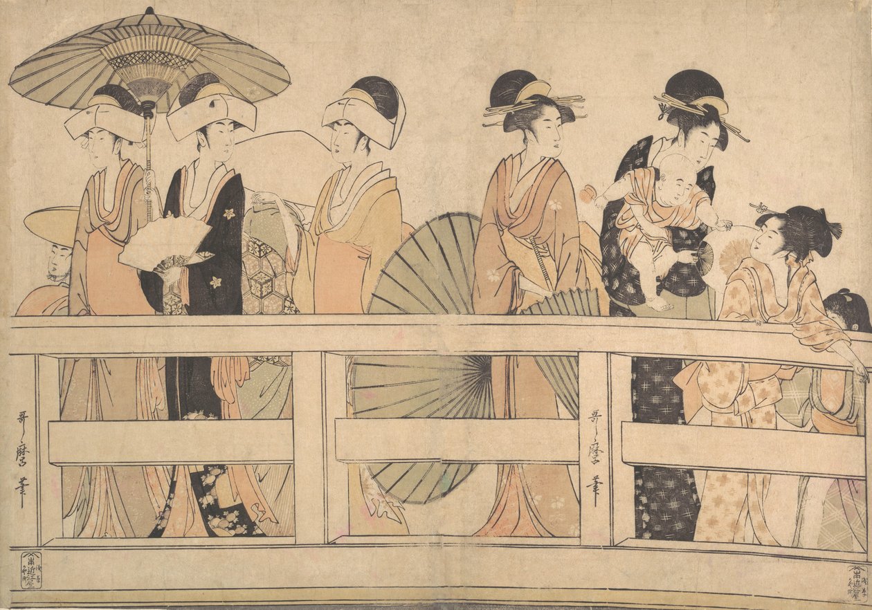 Profiter de la brise fraîche du soir sur le pont - Kitagawa Utamaro