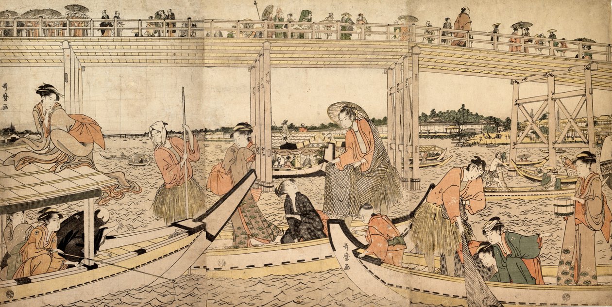Bateaux de pêche avec filets sous le pont de Ryogoku - Kitagawa Utamaro