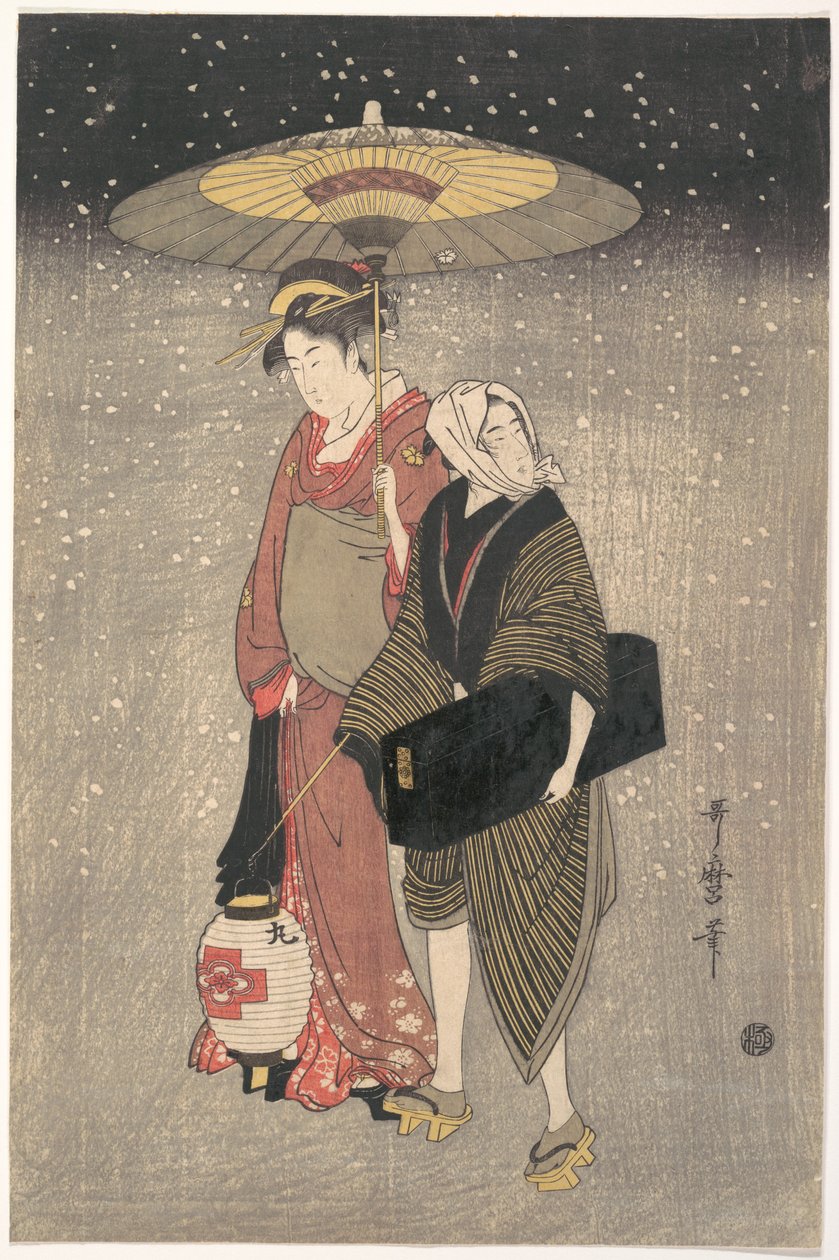 Une geisha marchant dans la neige, la nuit - Kitagawa Utamaro