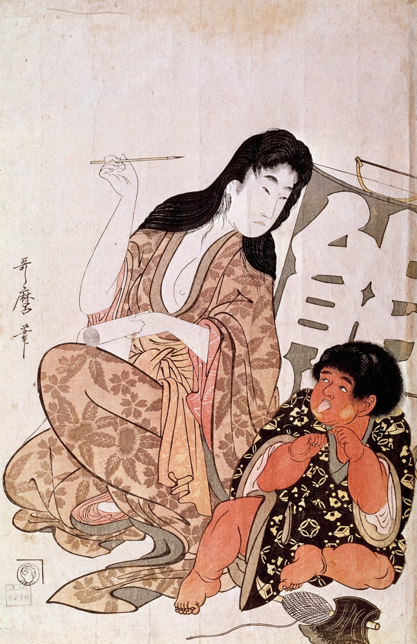 Kintaro et Yamauba calligraphiant, série : Yamauba et Kintaro - Kitagawa Utamaro