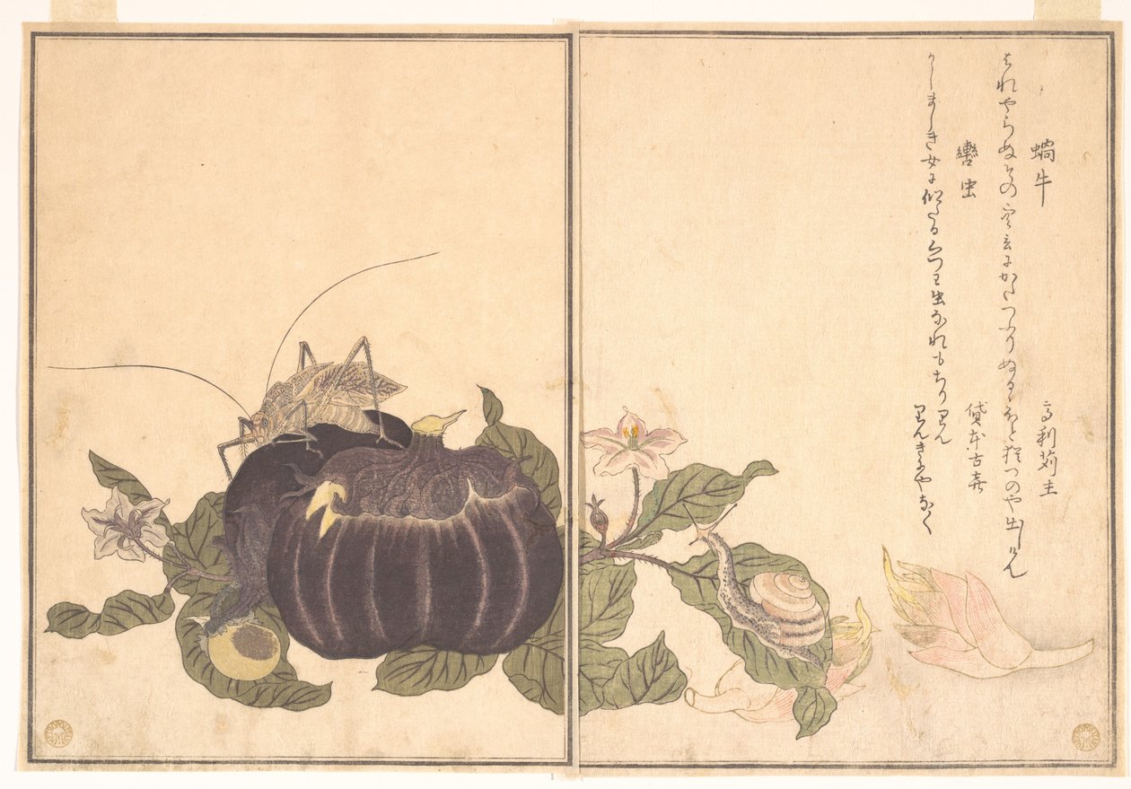 Escargot terrestre (Katatsumuri) ; grande sauterelle katydide (Kutsuwamushi), du livre illustré des créatures rampantes (Ehon mushi erami) - Kitagawa Utamaro