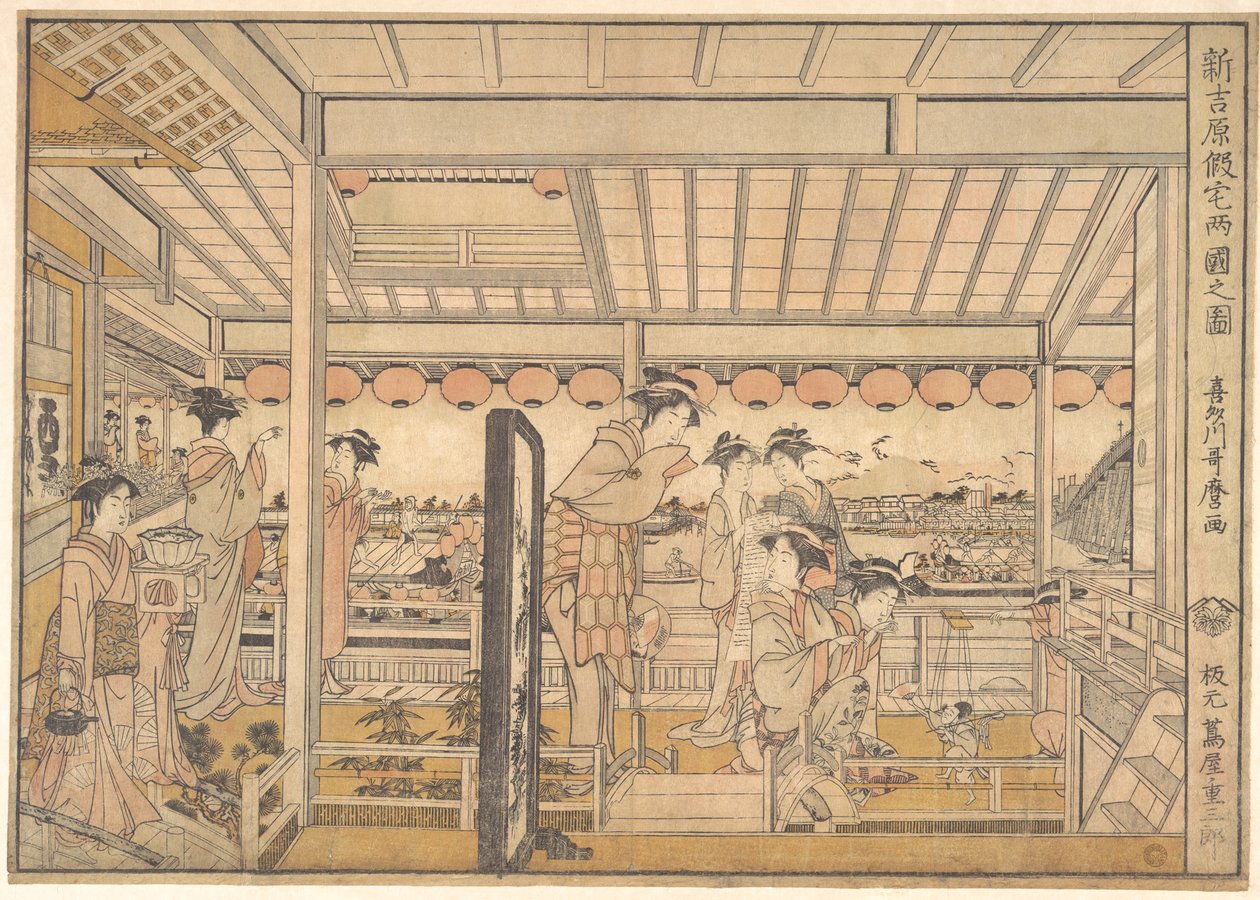 Illustration des logements temporaires du nouveau quartier des plaisirs de Yoshiwara à Ryōgoku  (Shin Yoshiwara Karitaku Ryogoku no zu) - Kitagawa Utamaro