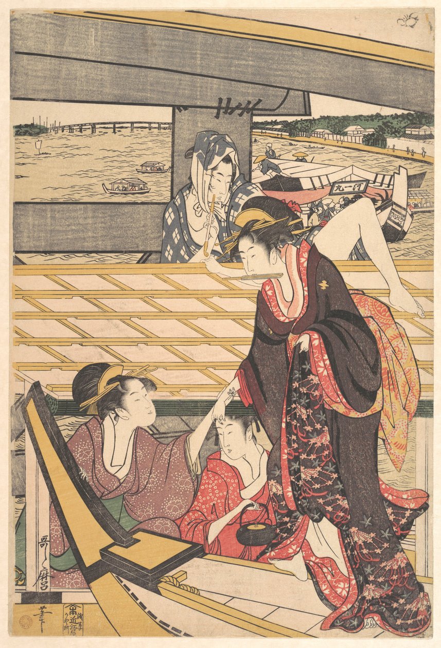 Groupes de plaisance en bateaux sur la rivière Sumida sous le pont Ryōgoku - Kitagawa Utamaro