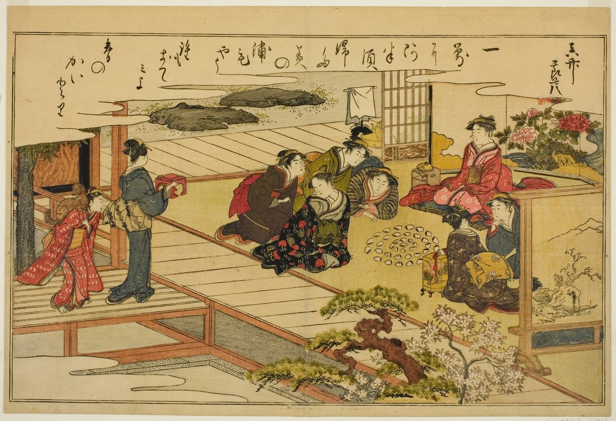 Jeu de correspondance de coquillages, du livre illustré "Cadeaux de la marée descendante (Shiohi no tsuto)" - Kitagawa Utamaro
