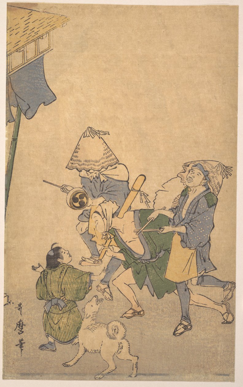 Trois fêtards des classes populaires, portant des chapeaux komuso, avec un petit garçon et un chien - Kitagawa Utamaro