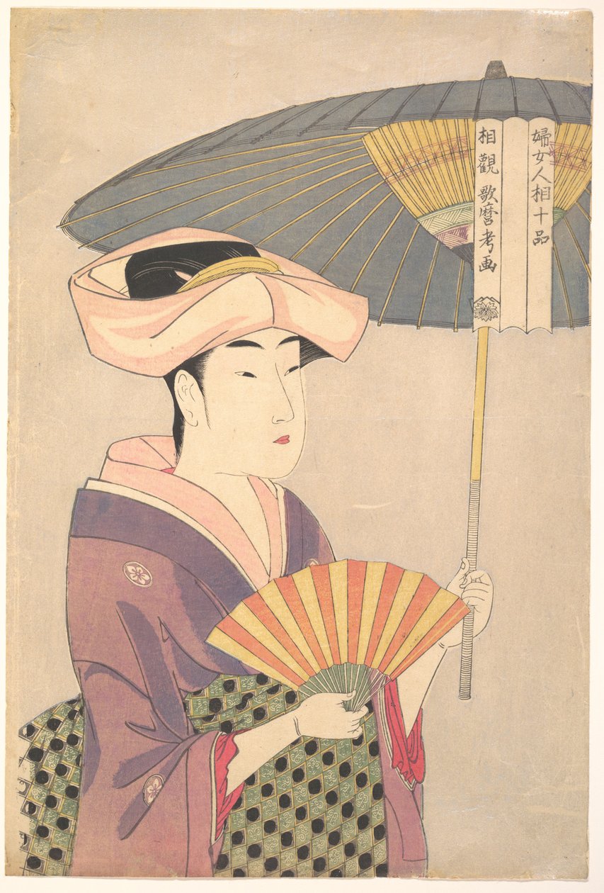 « Femme tenant une ombrelle levée » de la série « Dix types de physionomie féminine » (Fujo ninsō juppen: Higasa o sasu onna) - Kitagawa Utamaro