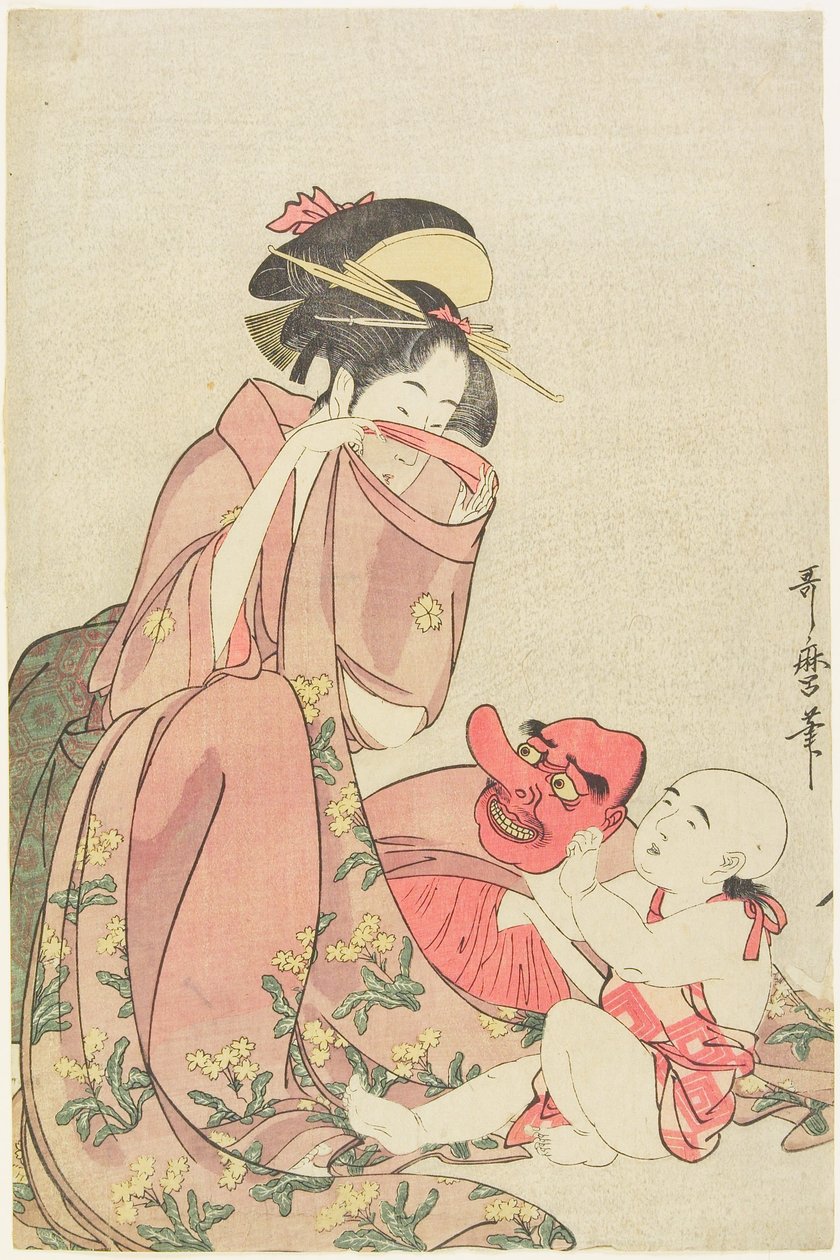 Une femme jouant avec un enfant portant un masque de tengu - Kitagawa Utamaro
