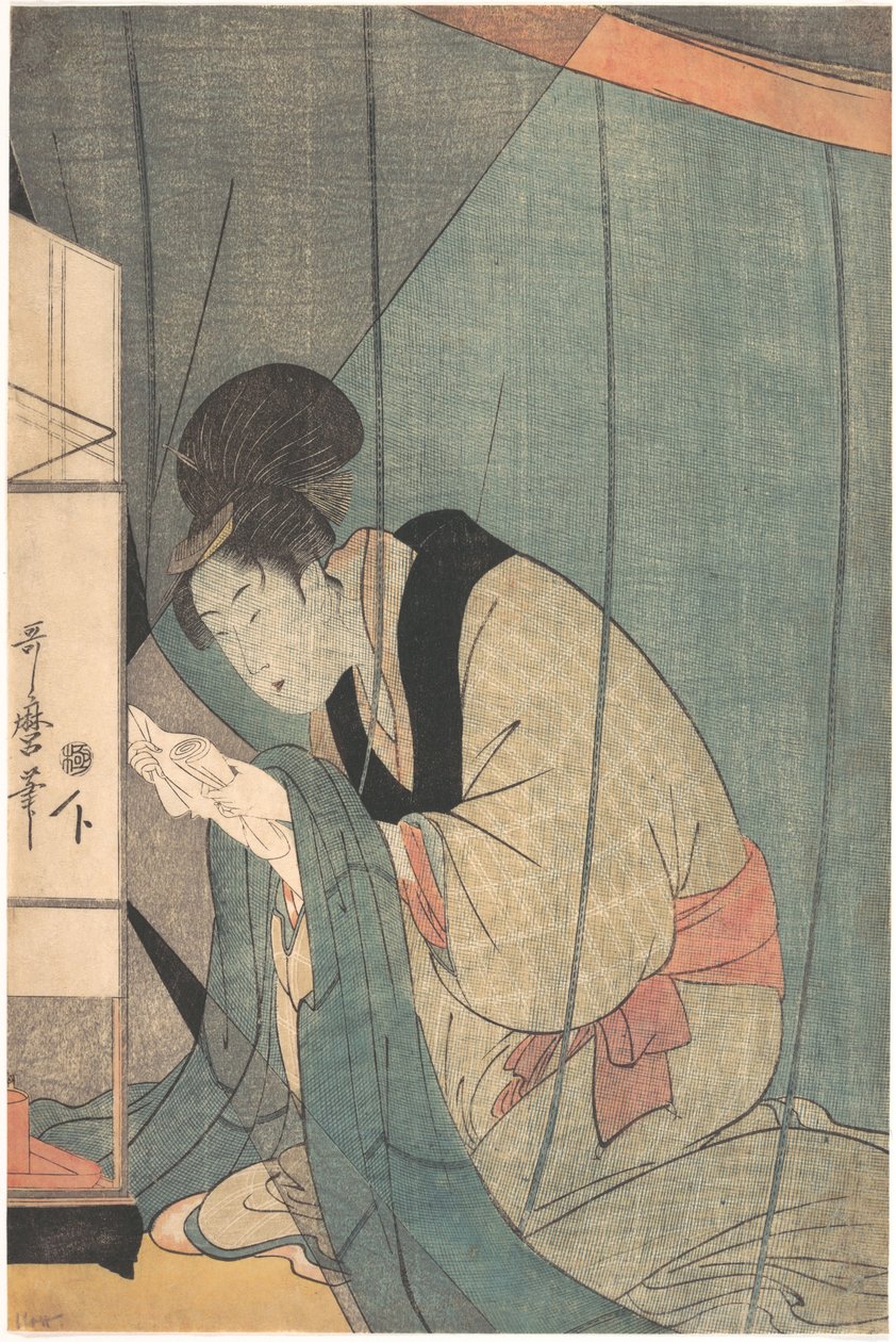 Femme lisant une lettre sous une moustiquaire - Kitagawa Utamaro