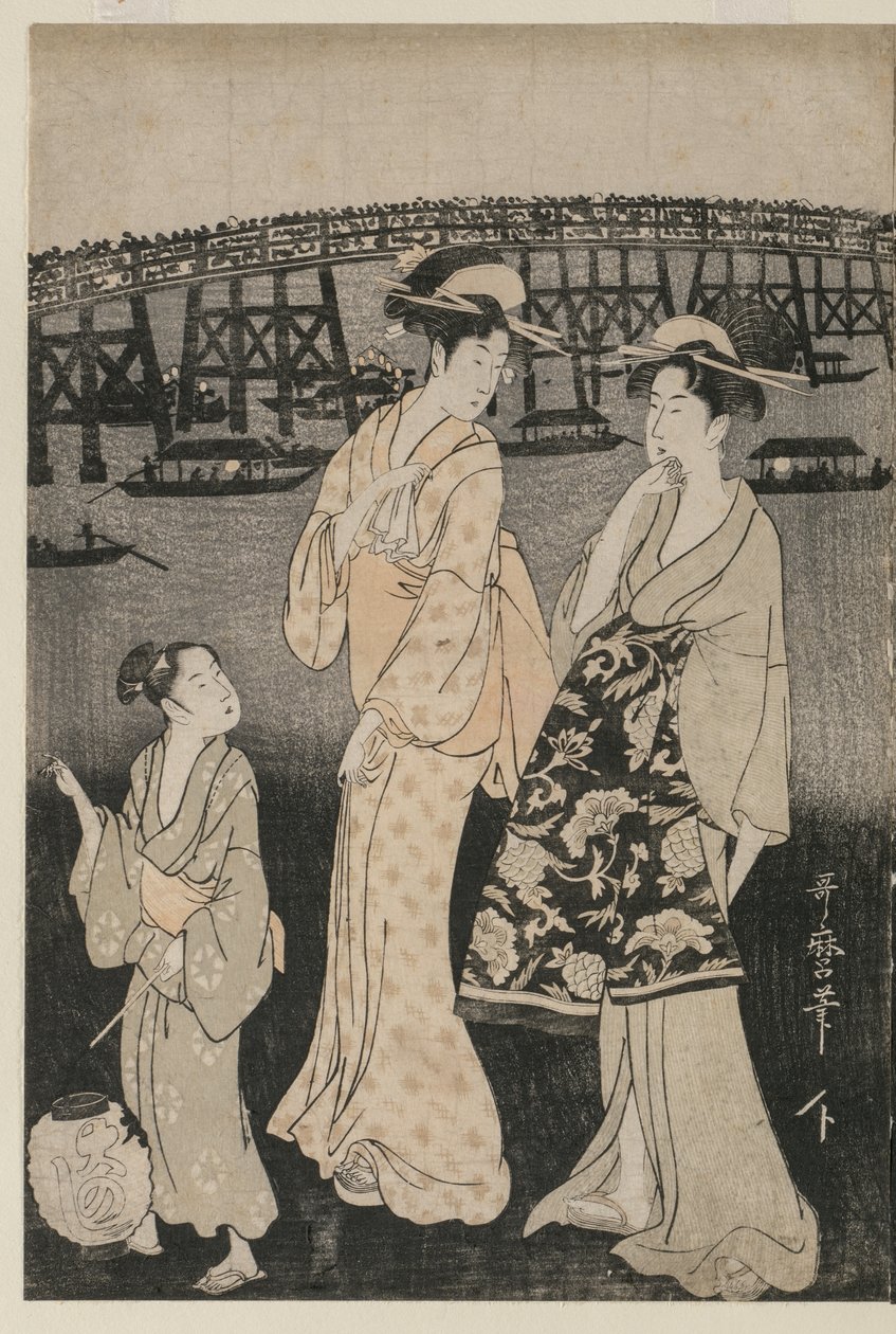Femmes profitant de la fraîcheur du soir près du pont Ryogoku - Kitagawa Utamaro