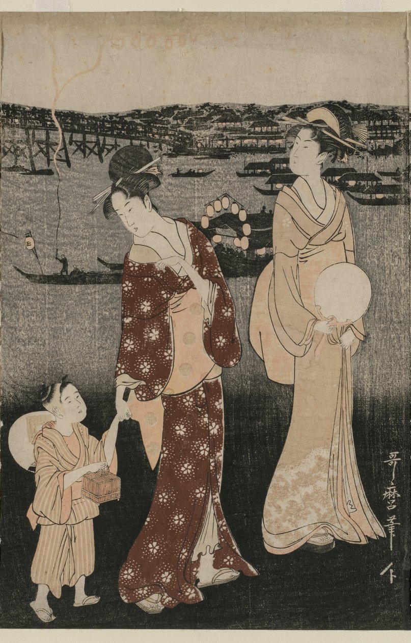 Femmes profitant de la fraîcheur du soir près du pont Ryogoku - Kitagawa Utamaro