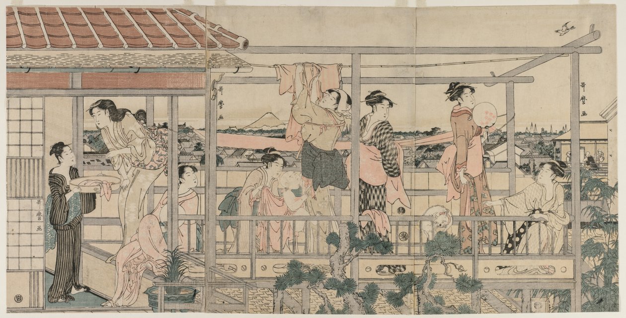Femmes étendant du linge à sécher sur un balcon - Kitagawa Utamaro
