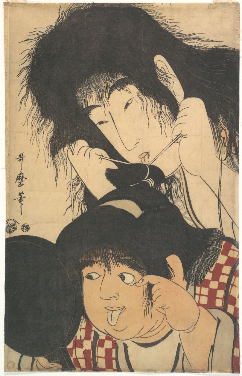 Yamauba attache le chignon de Kintarō - Kitagawa Utamaro