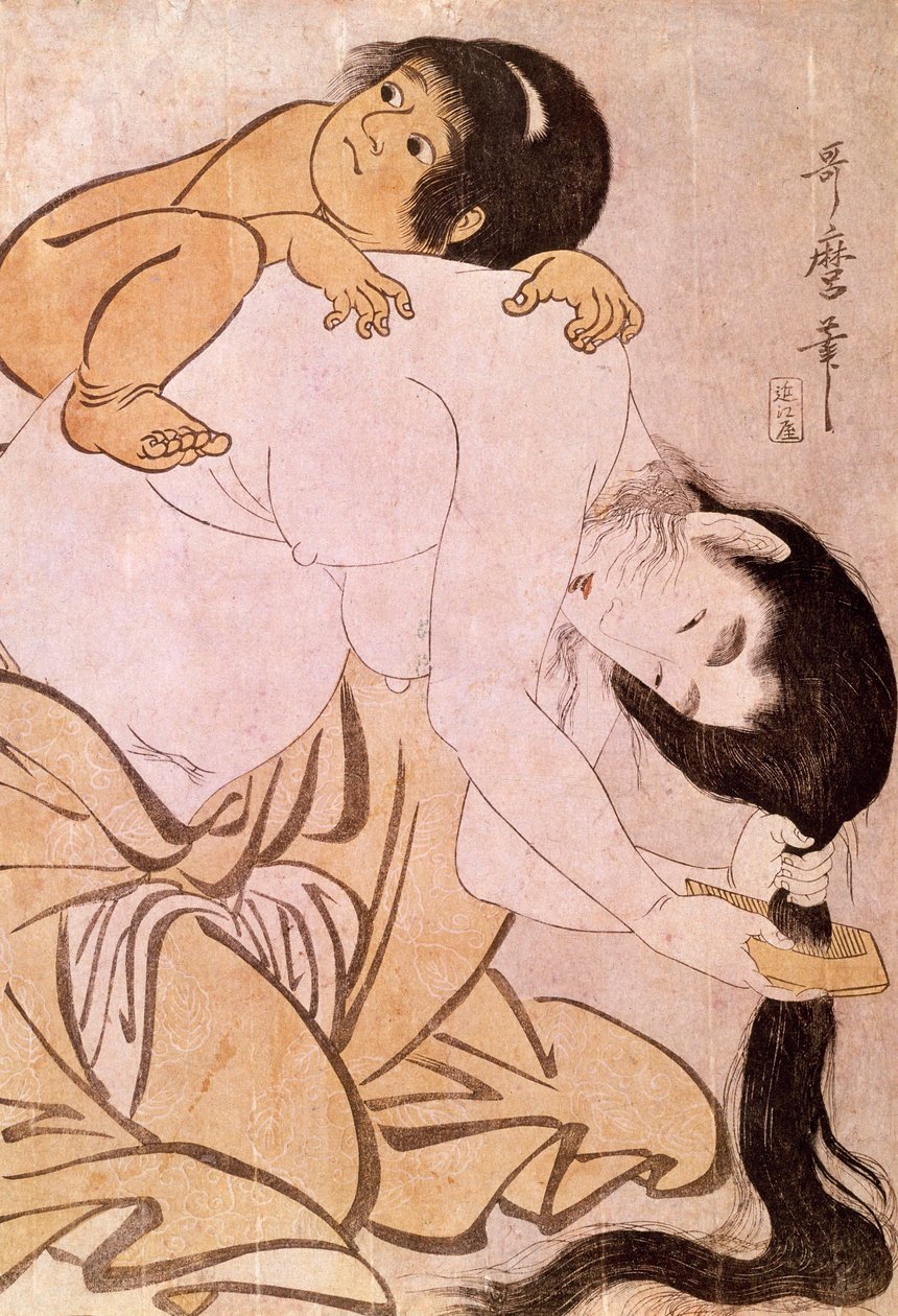Yamauba et Kintoki La mère se coiffe en portant son enfant sur son dos - Kitagawa Utamaro
