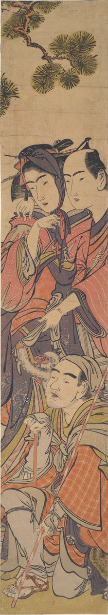 Oshun et Dembei jouant avec le singe sur Yojirō - Kitao Masanobu