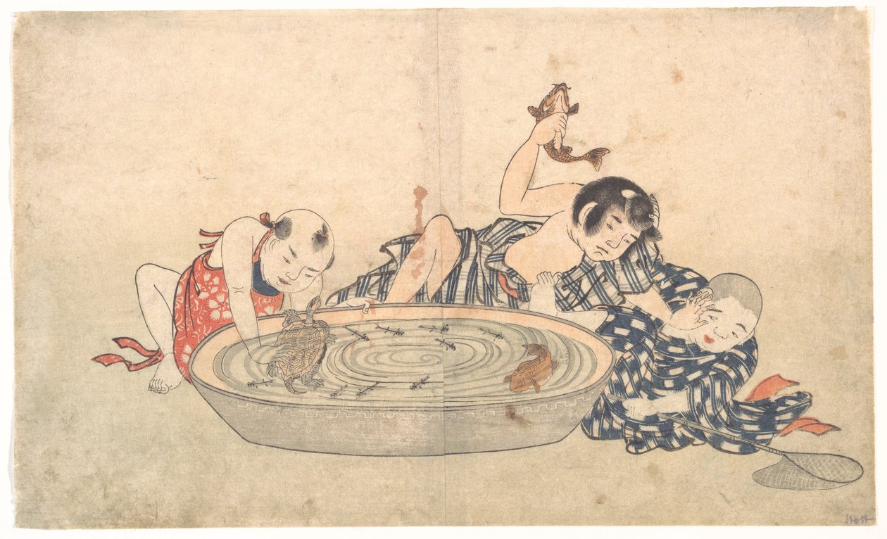 Garçons jouant avec une bassine de poissons et de tortues - Kitao Shigemasa