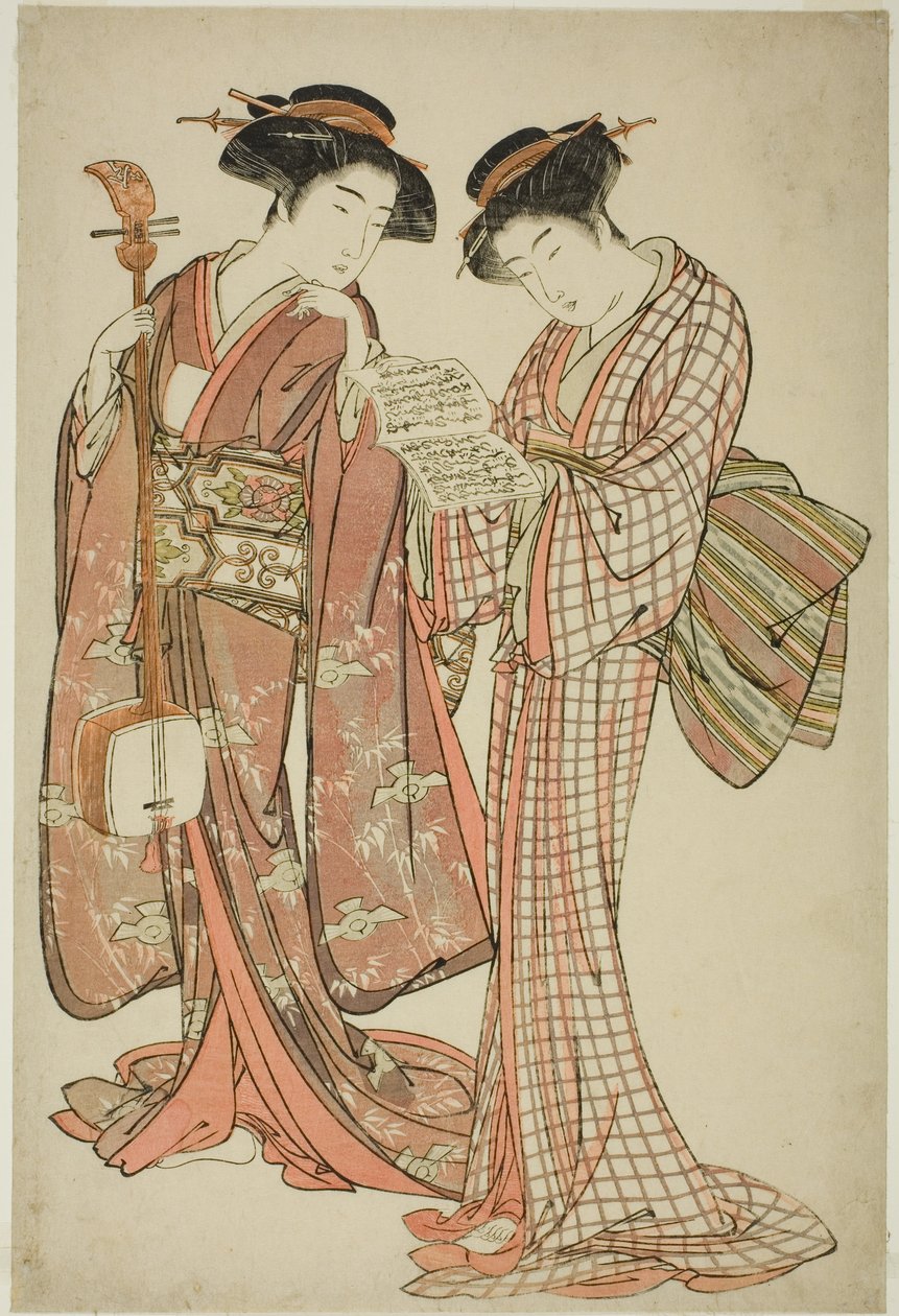 Deux geishas tenant un shamisen et un livre de chansons - Kitao Shigemasa