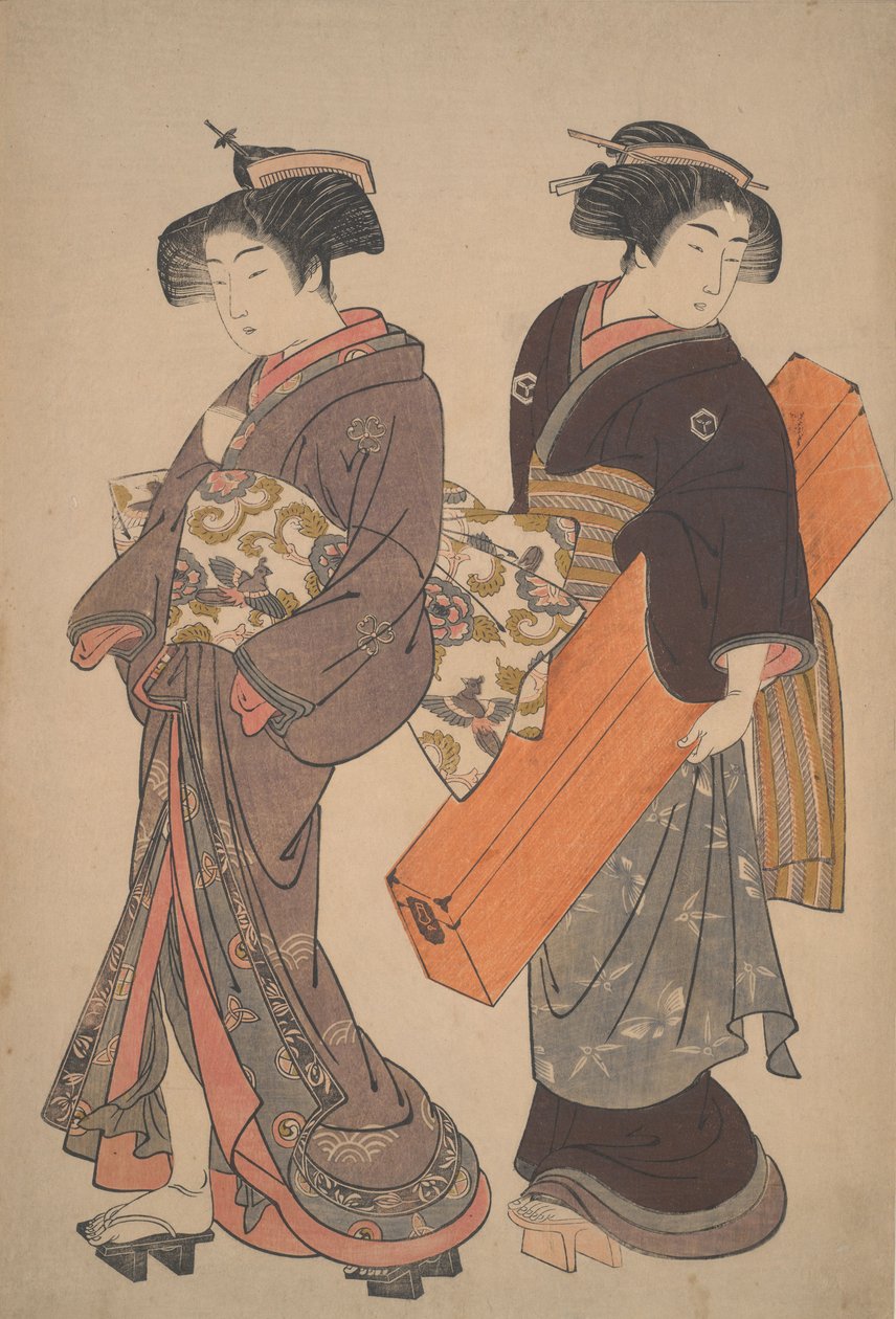 Femme avec sa servante en route pour un rendez-vous - Kitao Shigemasa