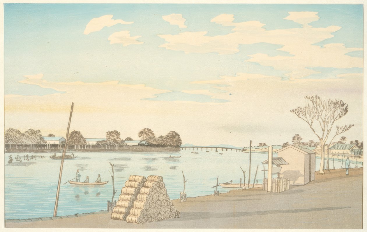 Ferry avec vue sur le mont Fuji, la rivière Okawa - Kiyochika Kobayashi