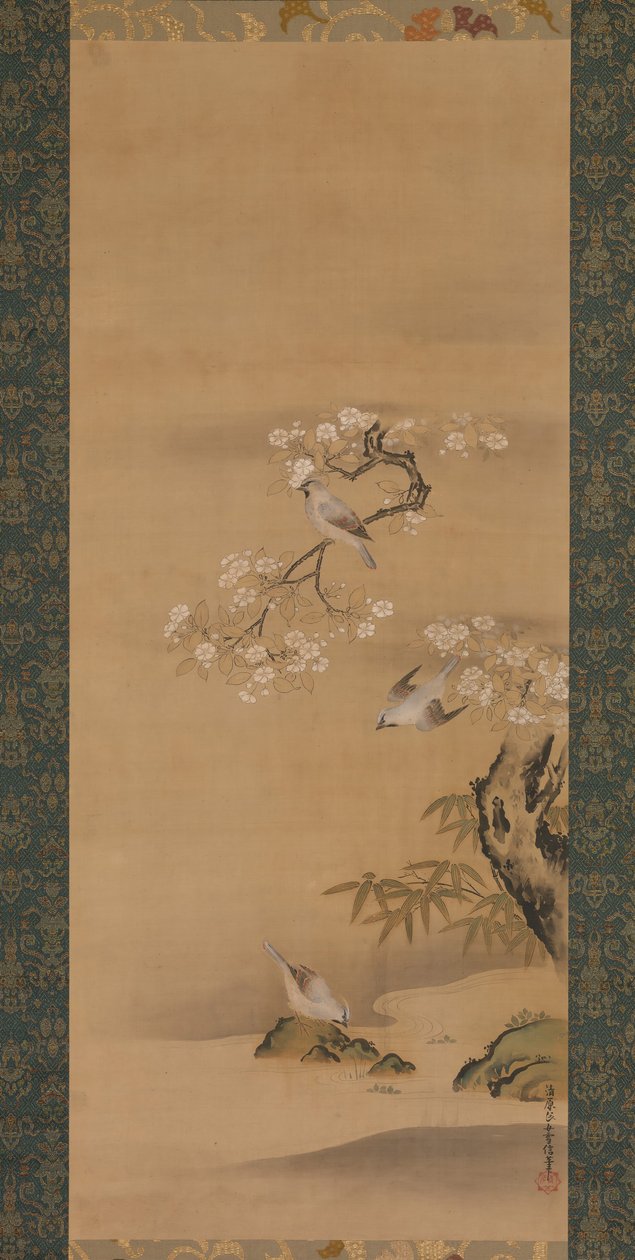 Jaseurs, fleurs de cerisier et bambou, fin du XVIIe siècle - Kiyohara Yukinobu