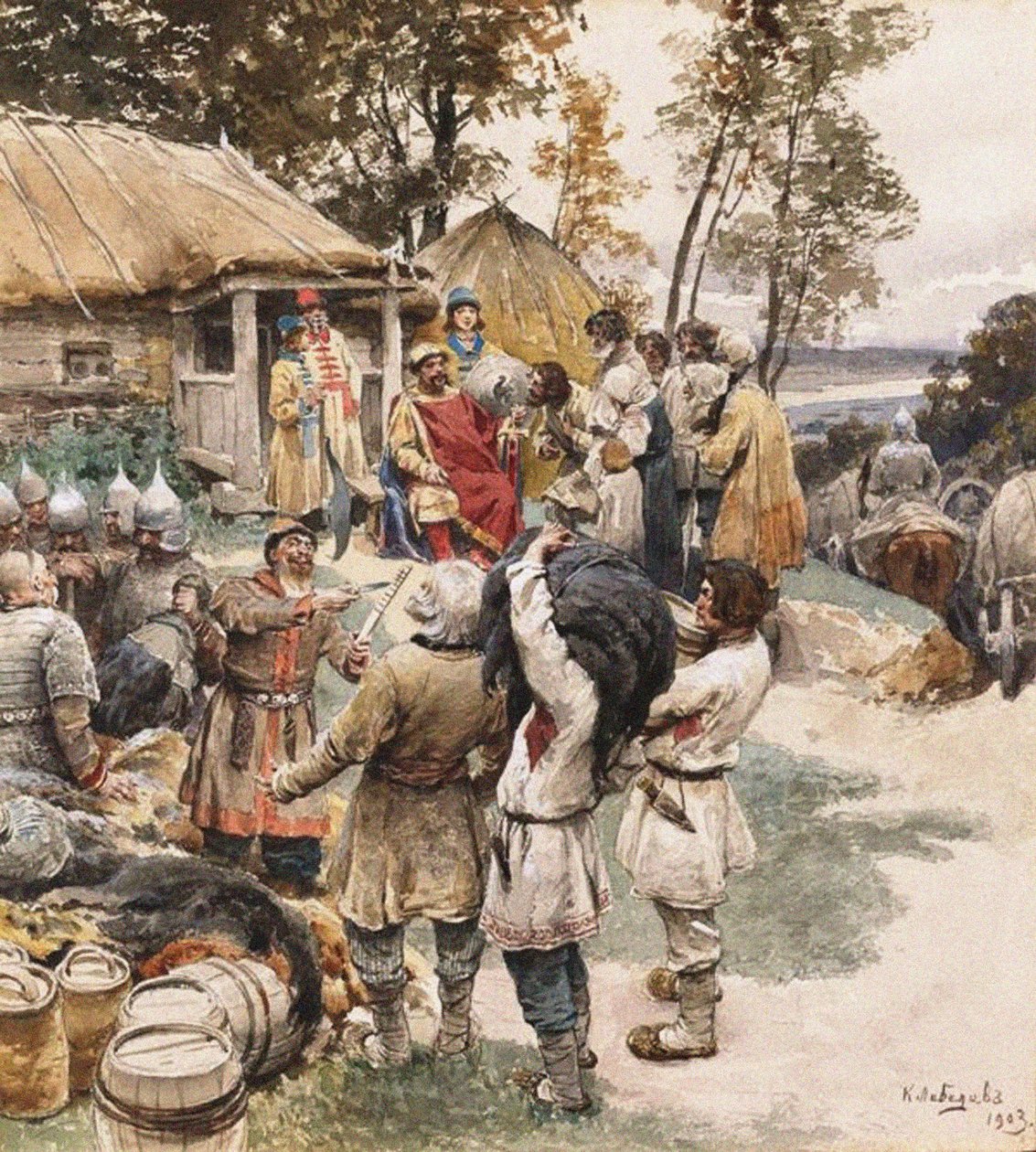 Poliudie Collecte de tribut. Igor de Kiev exigeant un tribut des Drevlyans, 1903 - Klavdiy Vasilievich Lebedev